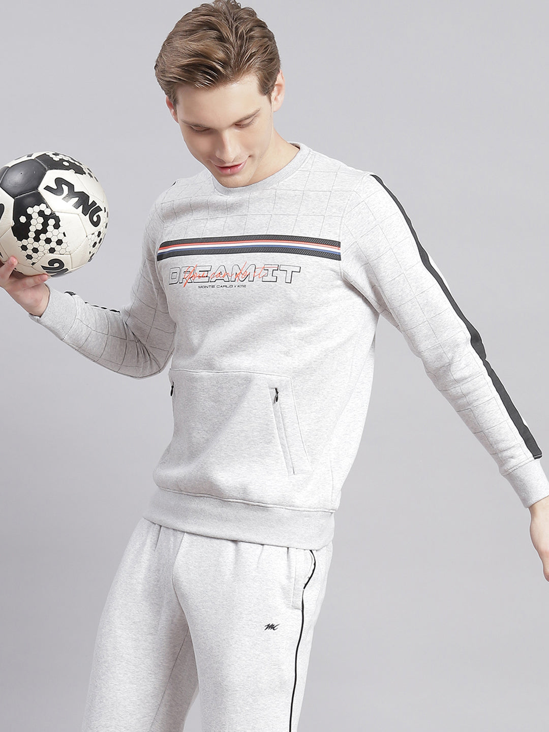 Men Grey Printed Round Neck Full Sleeve Tracksuits