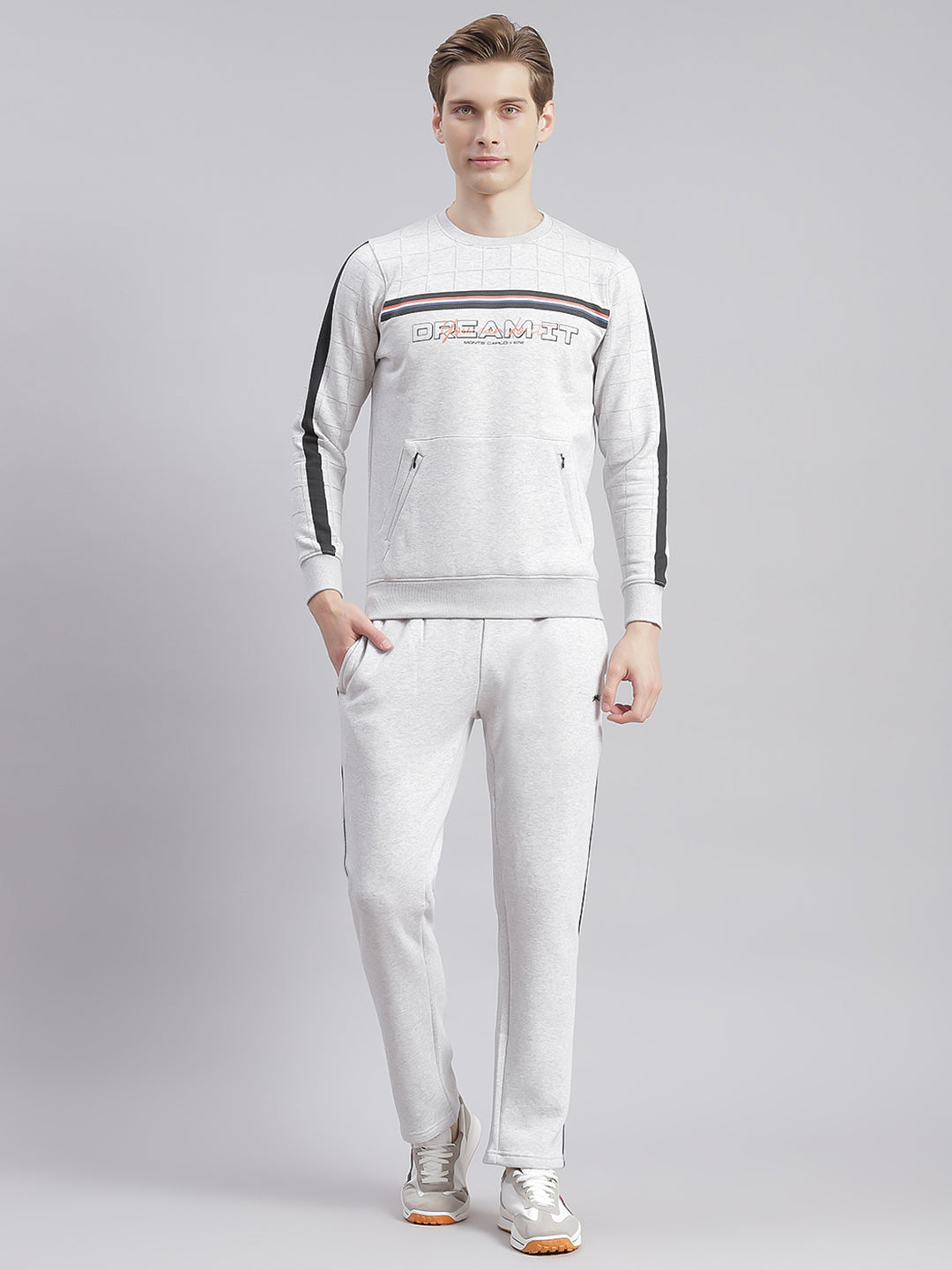 Men Grey Printed Round Neck Full Sleeve Tracksuits