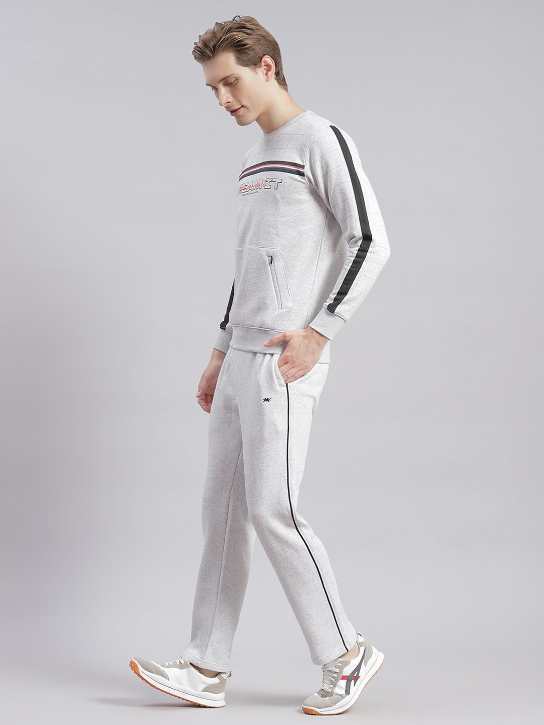 Men Grey Printed Round Neck Full Sleeve Tracksuits