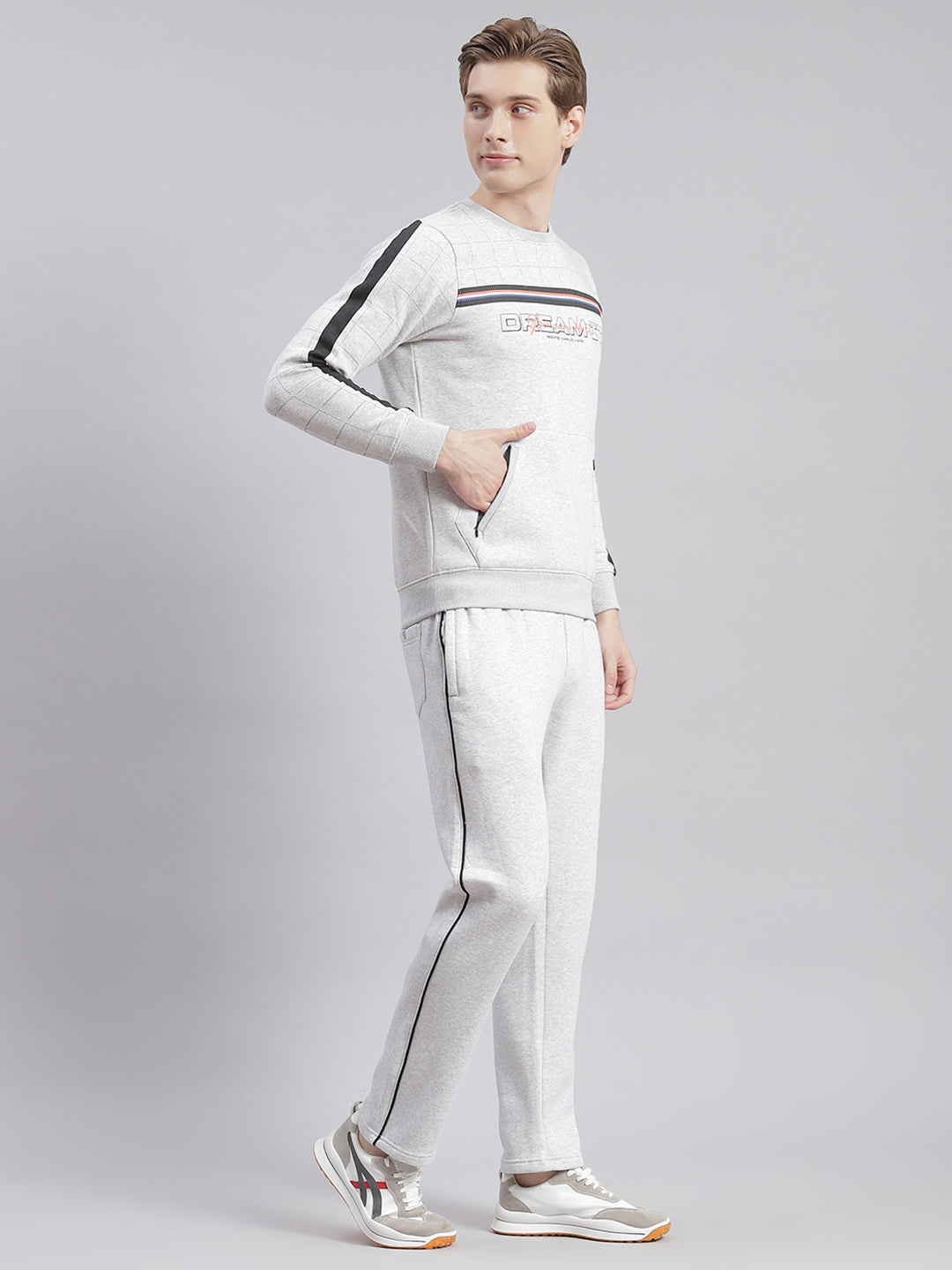 Men Grey Printed Round Neck Full Sleeve Tracksuits