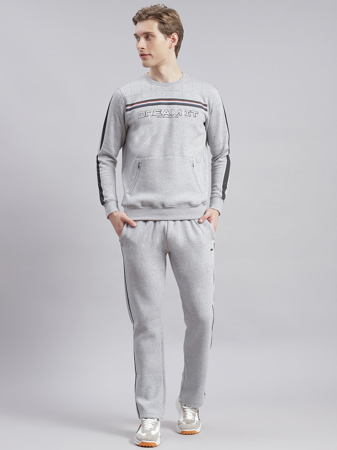 Men Grey Printed Round Neck Full Sleeve Tracksuits