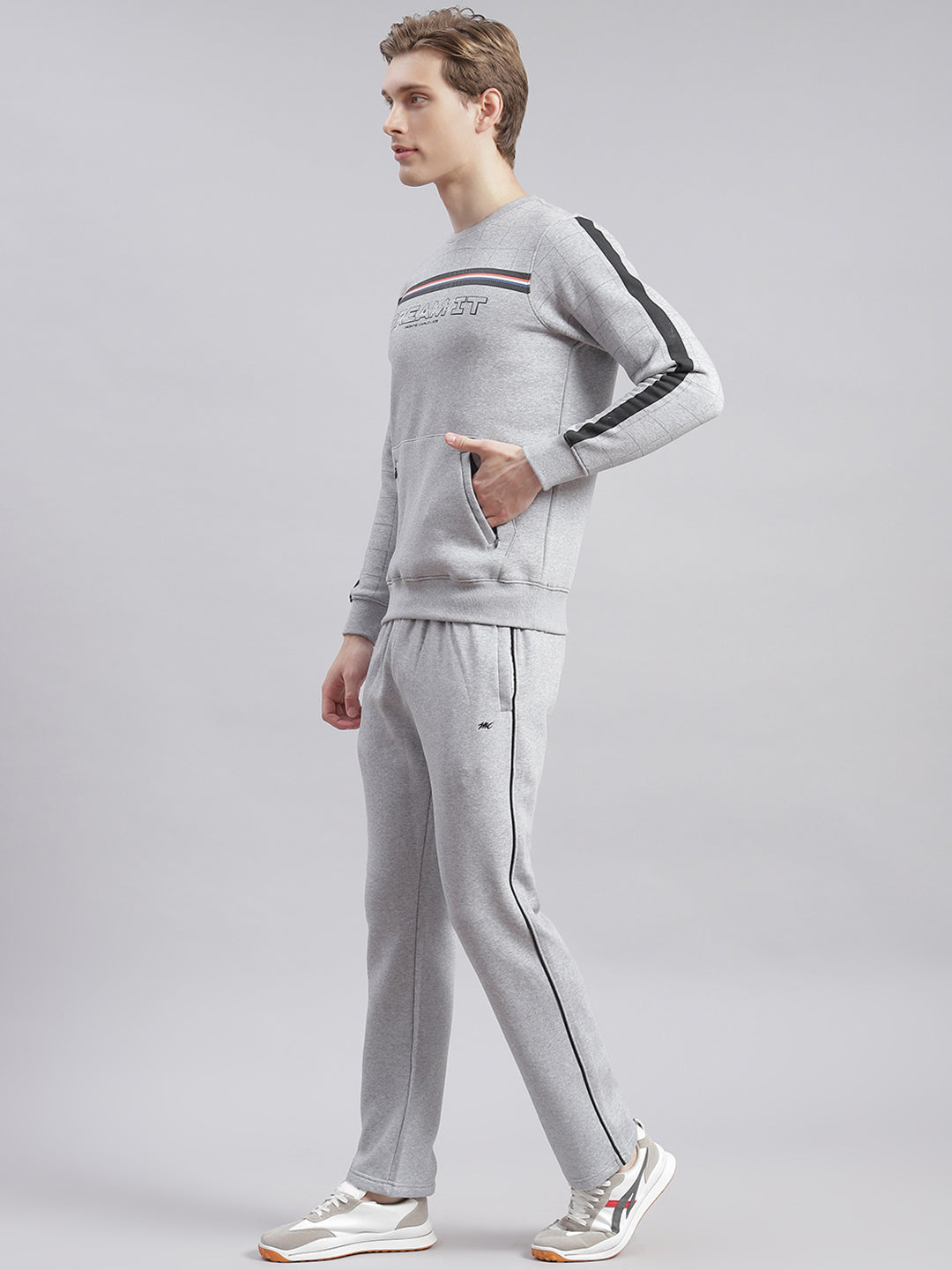 Men Grey Printed Round Neck Full Sleeve Tracksuits