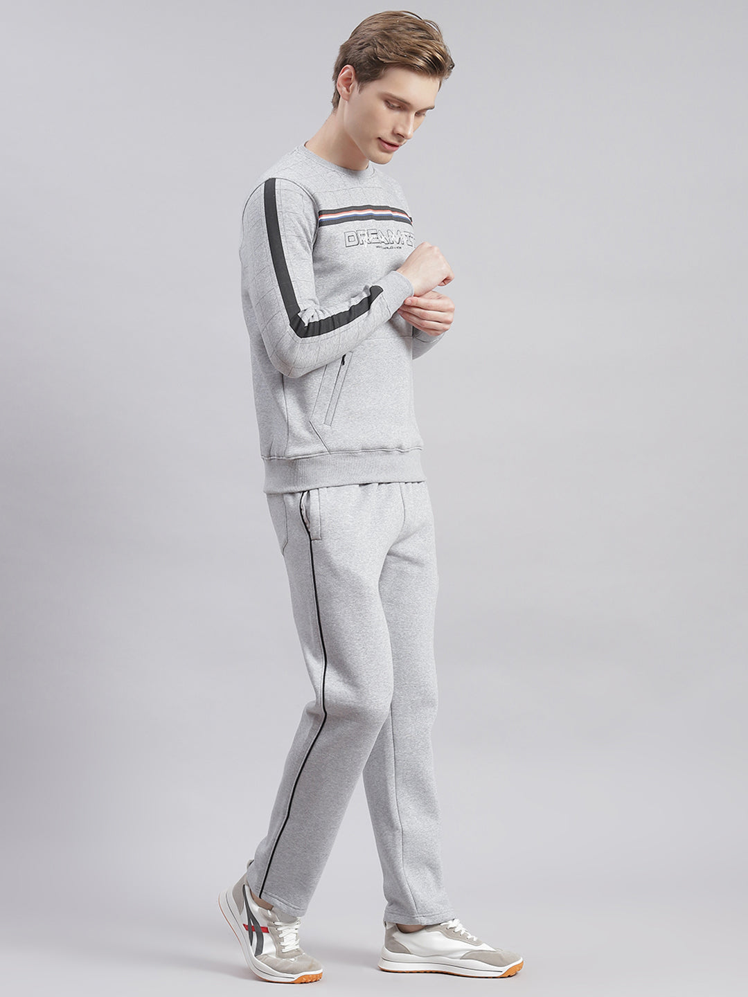 Men Grey Printed Round Neck Full Sleeve Tracksuits