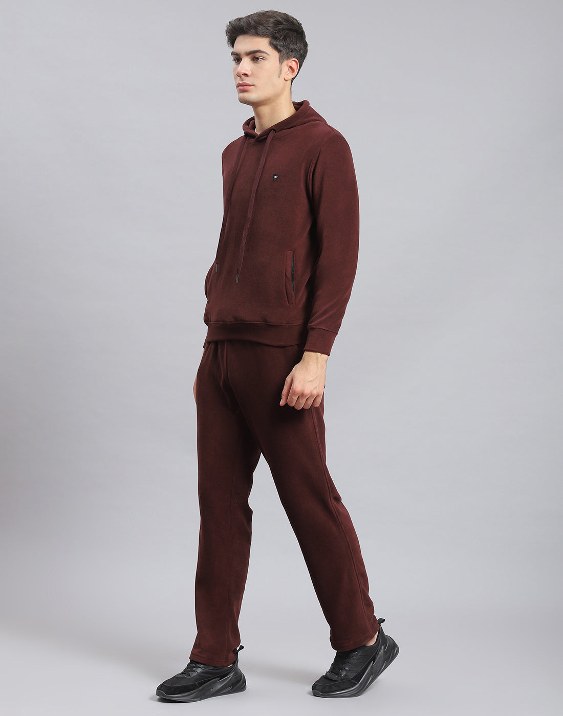 Men Brown Solid Hooded Full Sleeve Tracksuit