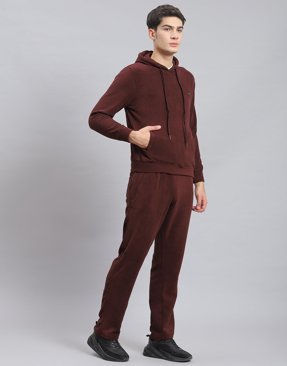 Men Brown Solid Hooded Full Sleeve Tracksuit
