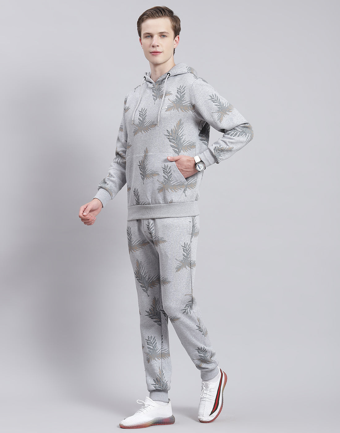 Men Grey Printed Hooded Full Sleeve Tracksuit