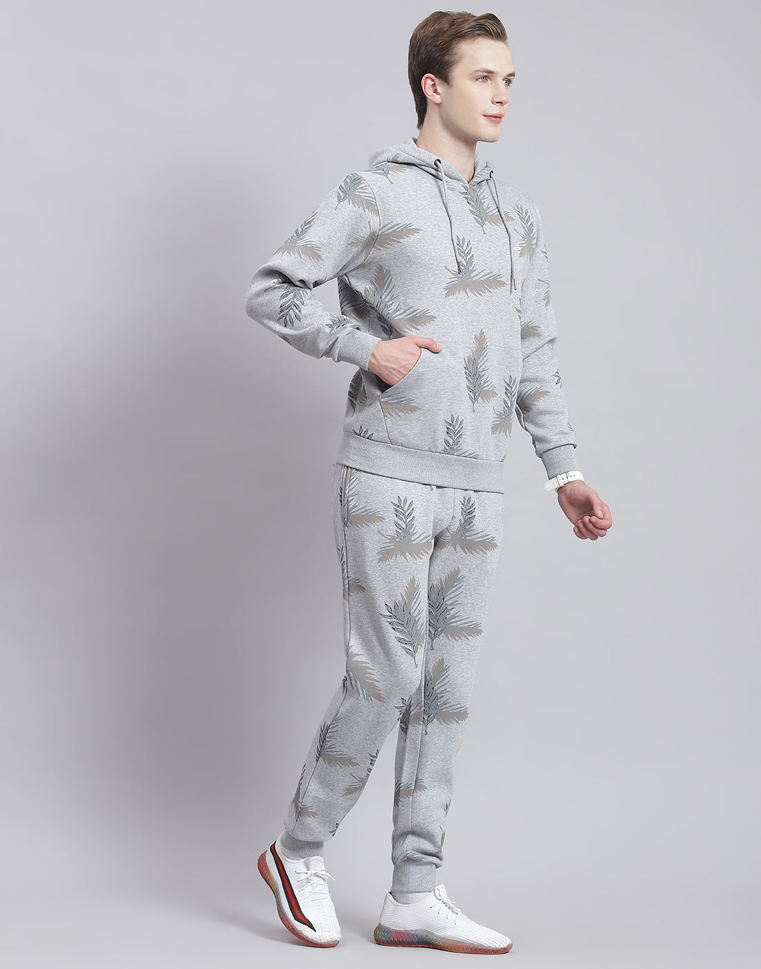 Men Grey Printed Hooded Full Sleeve Tracksuit