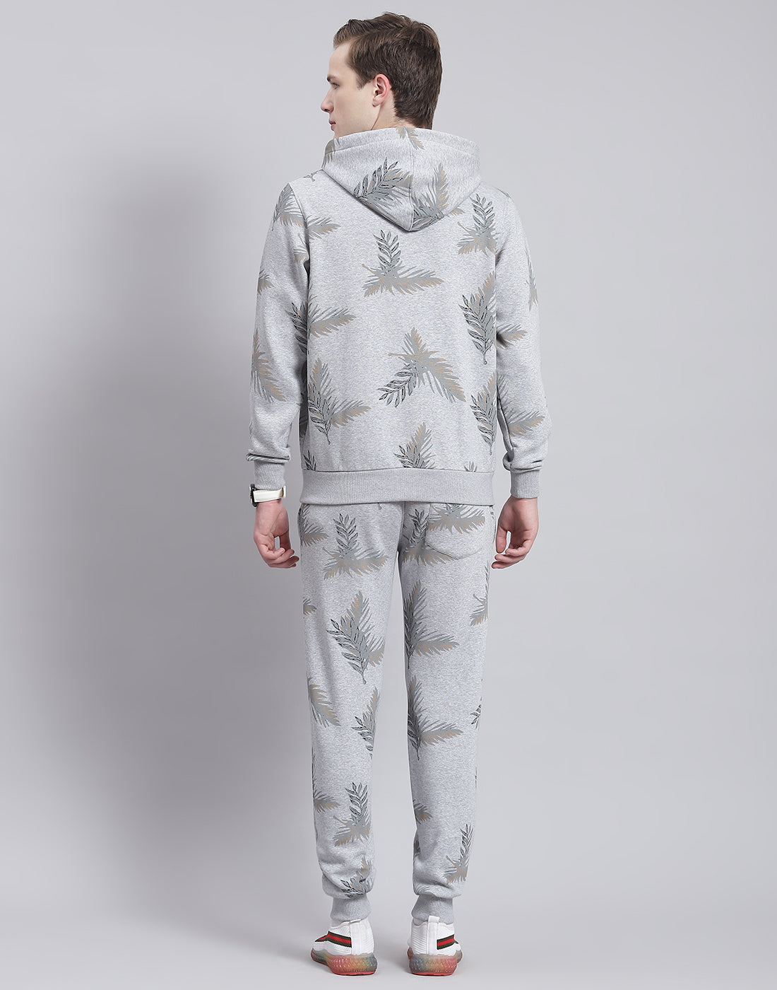 Men Grey Printed Hooded Full Sleeve Tracksuit