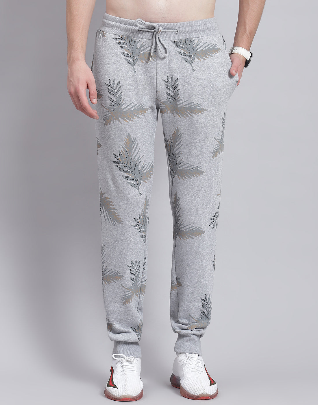 Men Grey Printed Hooded Full Sleeve Tracksuit