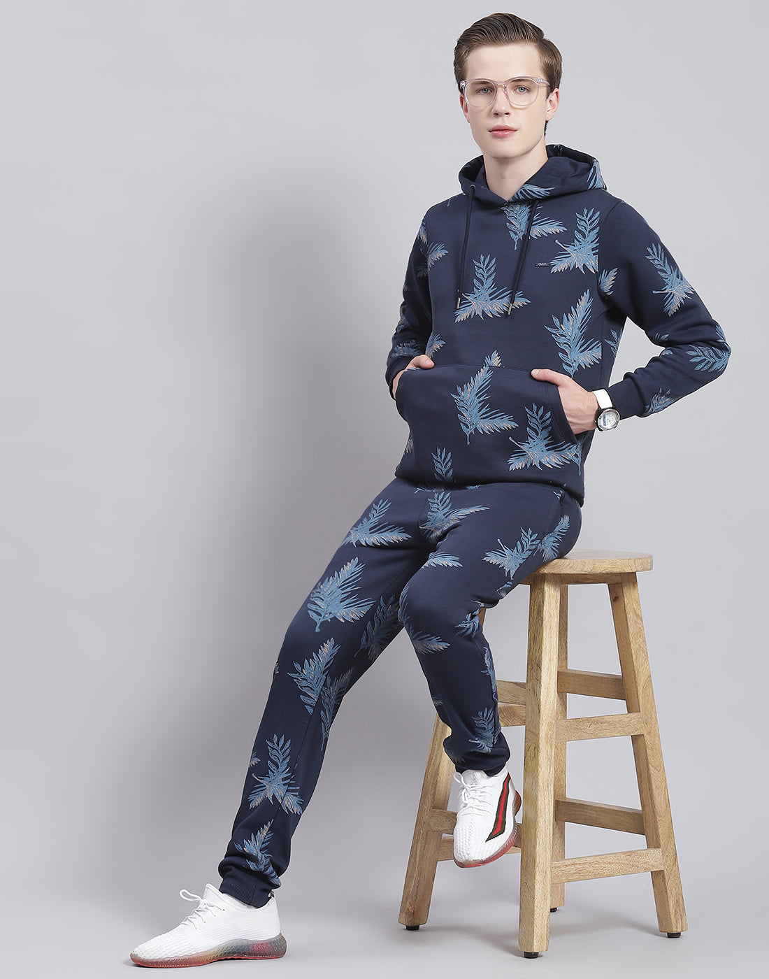 Buy Men Navy Blue Printed Hooded Full Sleeve Tracksuit Online in
