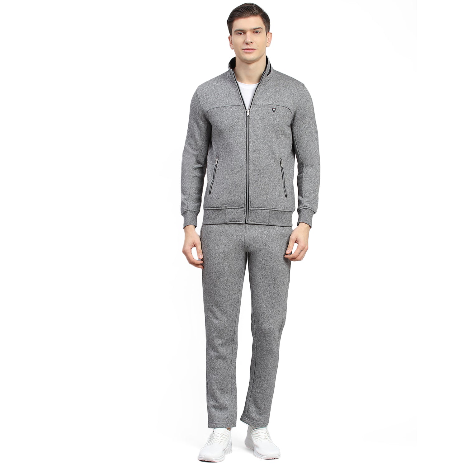 Men Grey Solid Stand Collar Full Sleeve Tracksuit