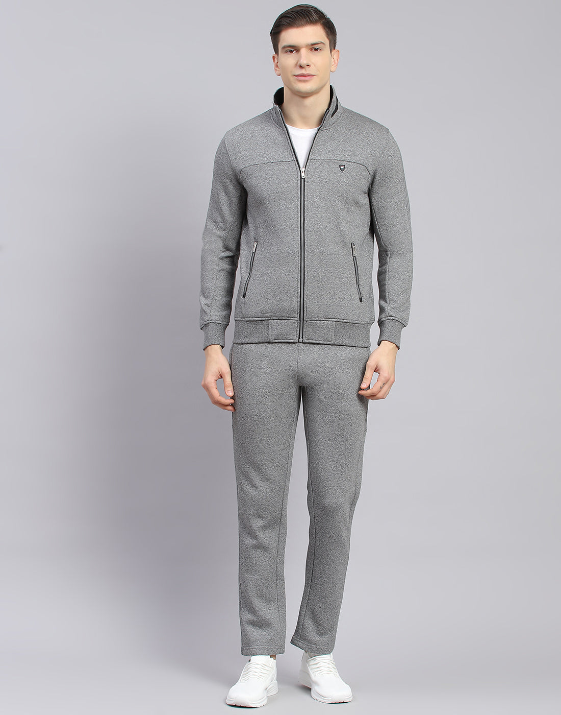 Men Grey Solid Stand Collar Full Sleeve Tracksuit