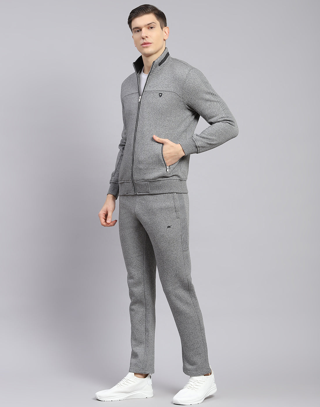 Men Grey Solid Stand Collar Full Sleeve Tracksuit
