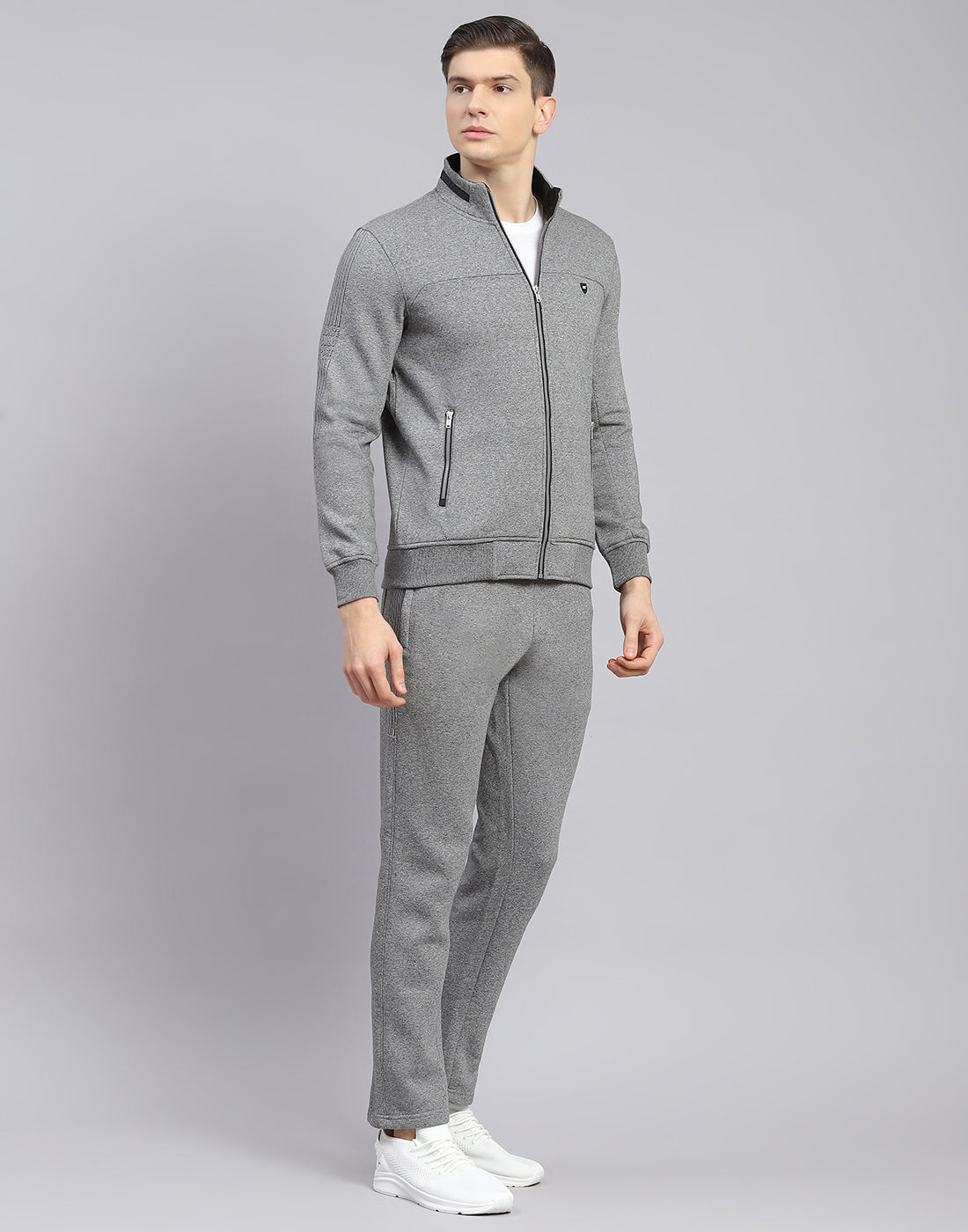 Men Grey Solid Stand Collar Full Sleeve Tracksuit