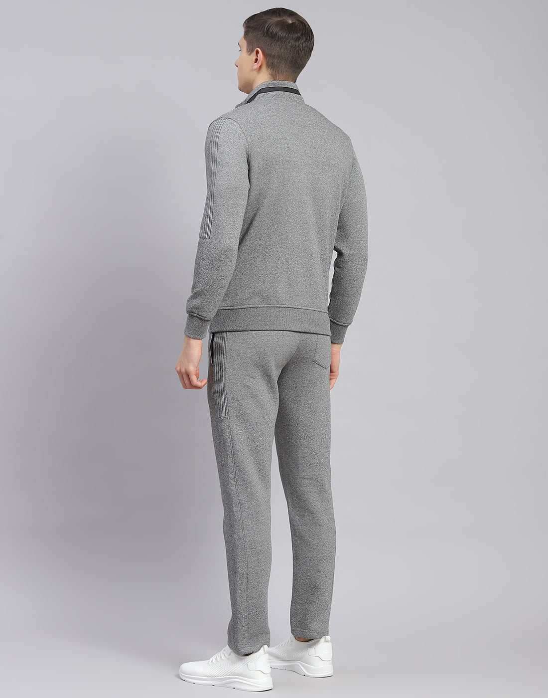 Men Grey Solid Stand Collar Full Sleeve Tracksuit