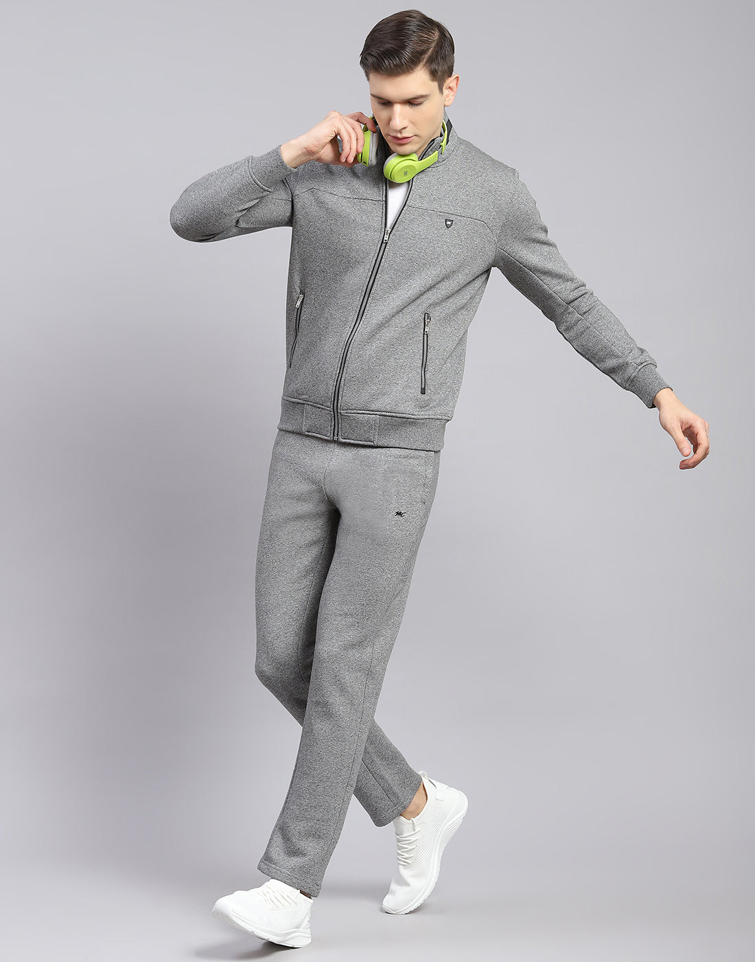 Men Grey Solid Stand Collar Full Sleeve Tracksuit
