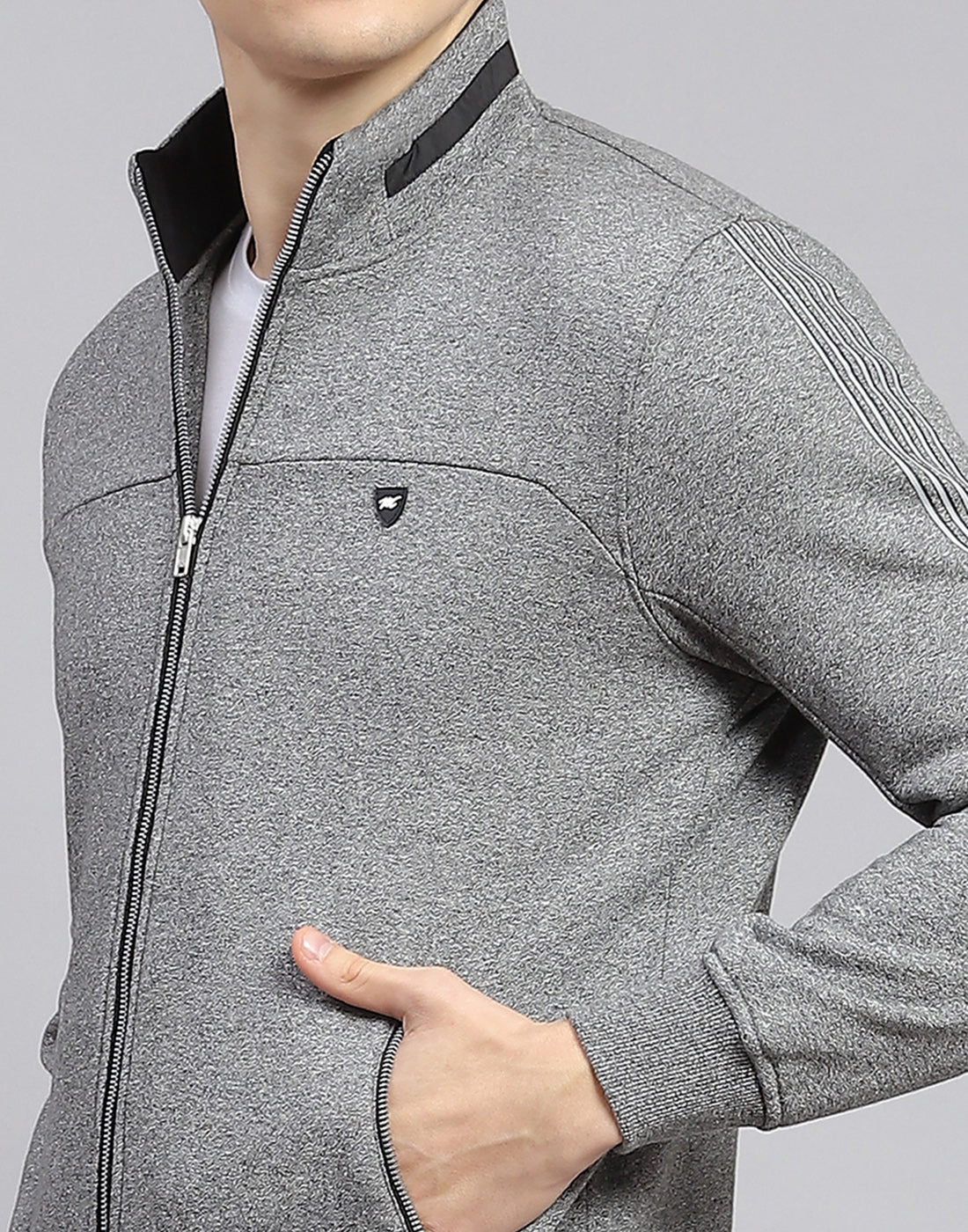 Men Grey Solid Stand Collar Full Sleeve Tracksuit