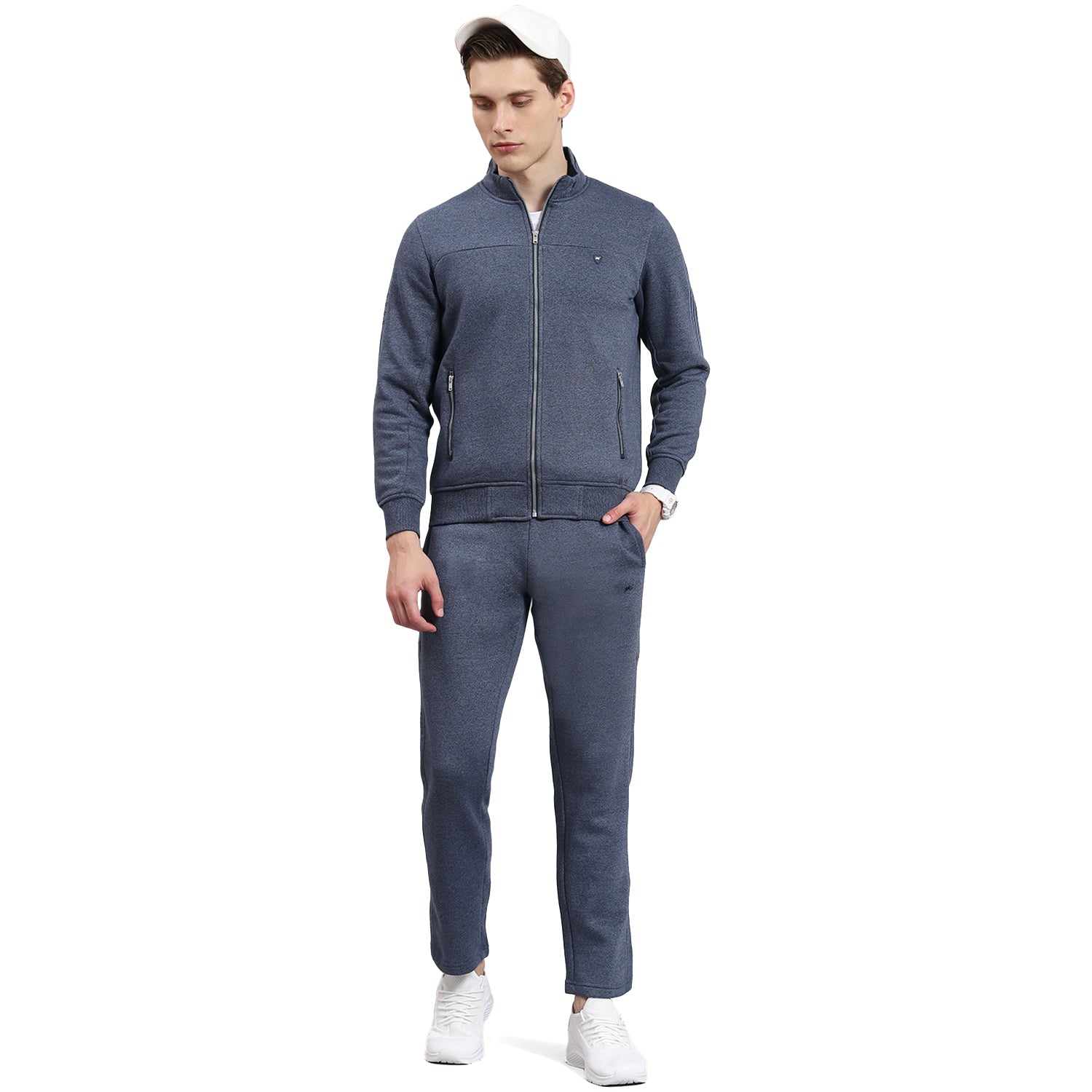 Men Blue Solid Stand Collar Full Sleeve Tracksuit