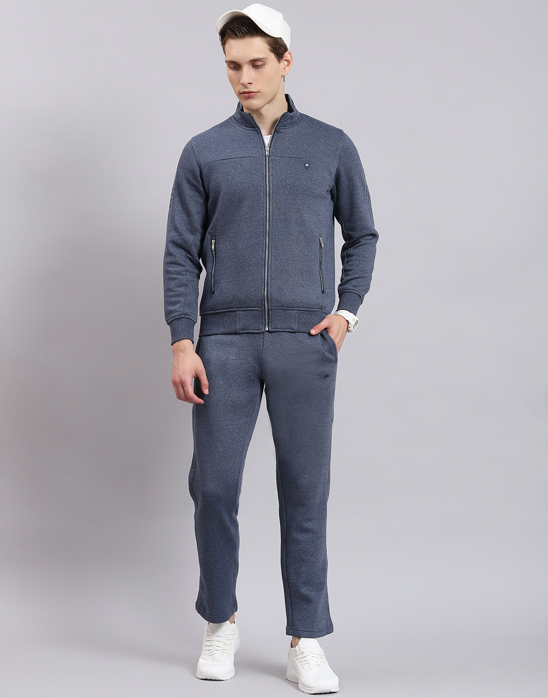 Men Blue Solid Stand Collar Full Sleeve Tracksuit
