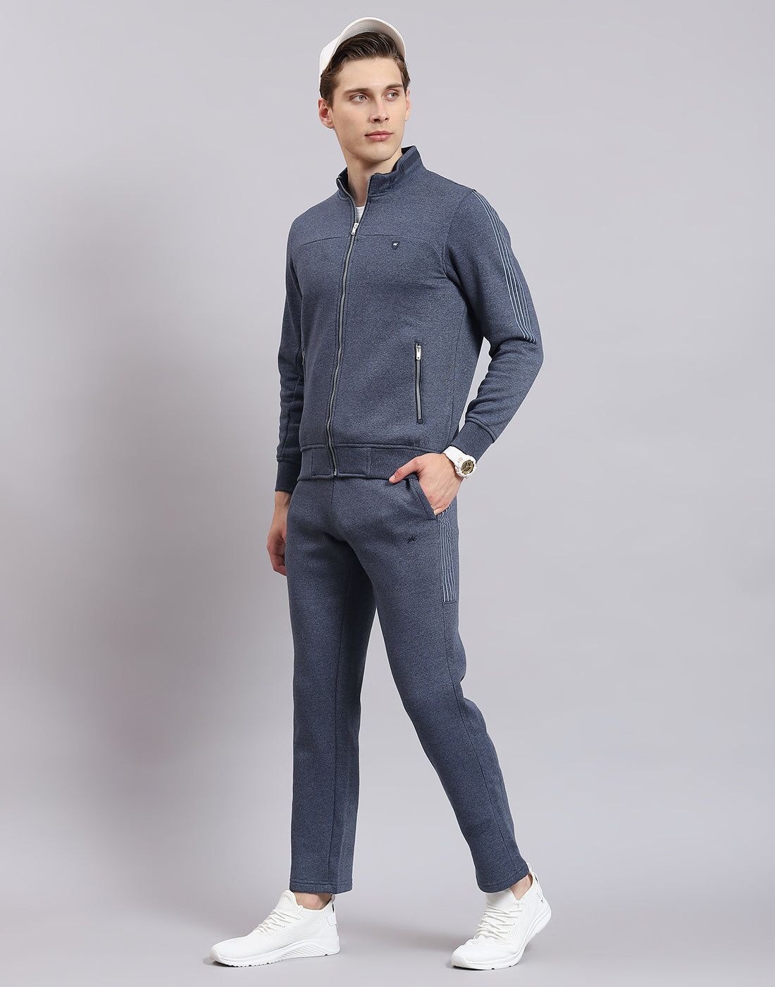 Men Blue Solid Stand Collar Full Sleeve Tracksuit