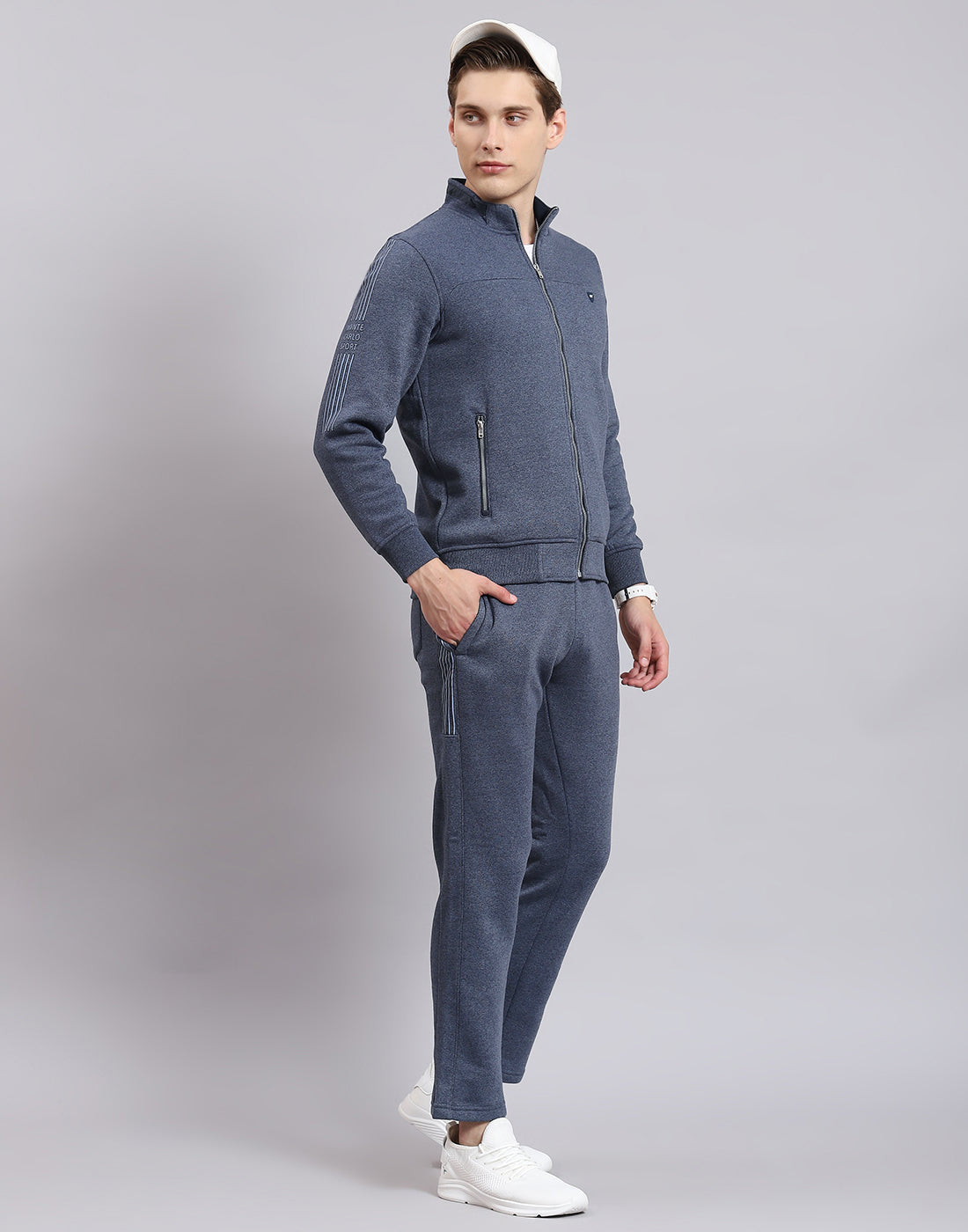 Men Blue Solid Stand Collar Full Sleeve Tracksuit