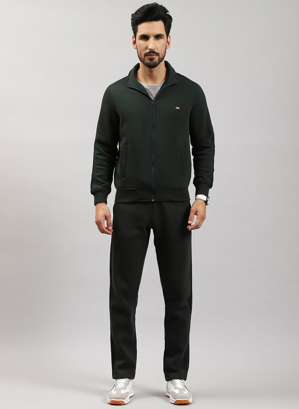 Men Green Solid Cotton Blend Tracksuit
