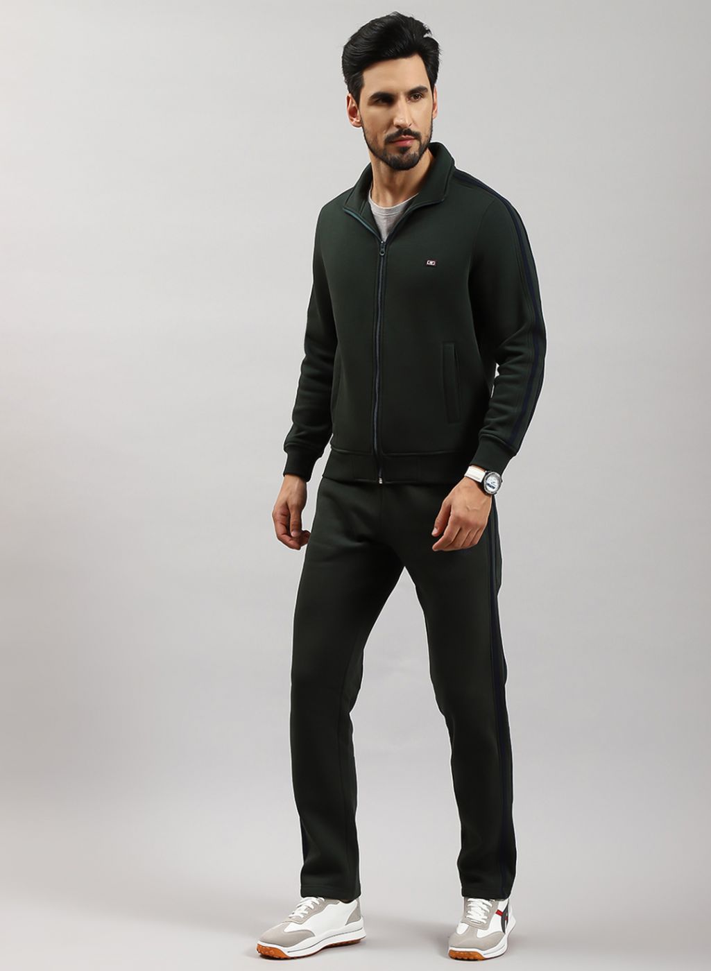 Men Green Solid Cotton Blend Tracksuit