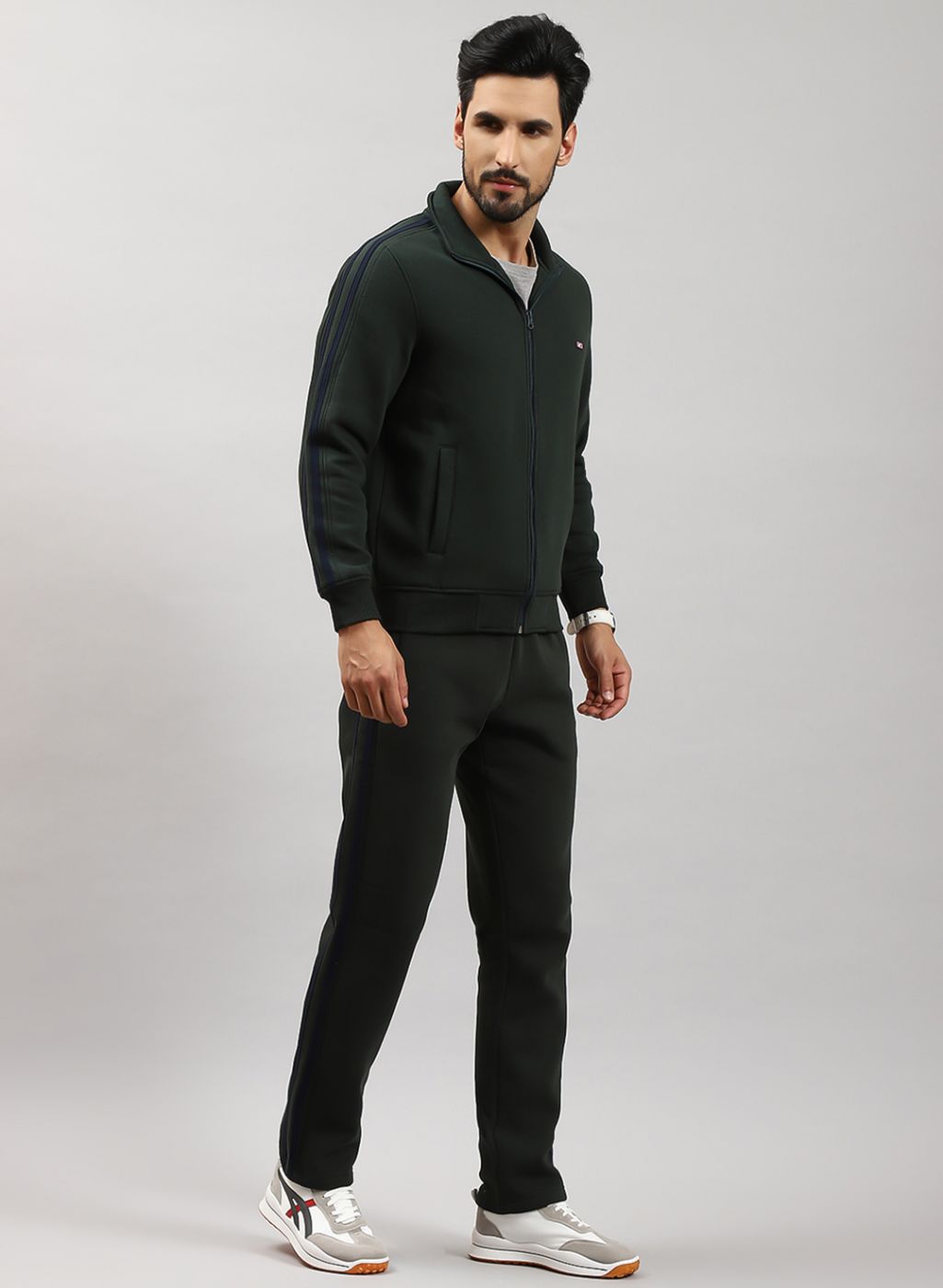 Men Green Solid Cotton Blend Tracksuit