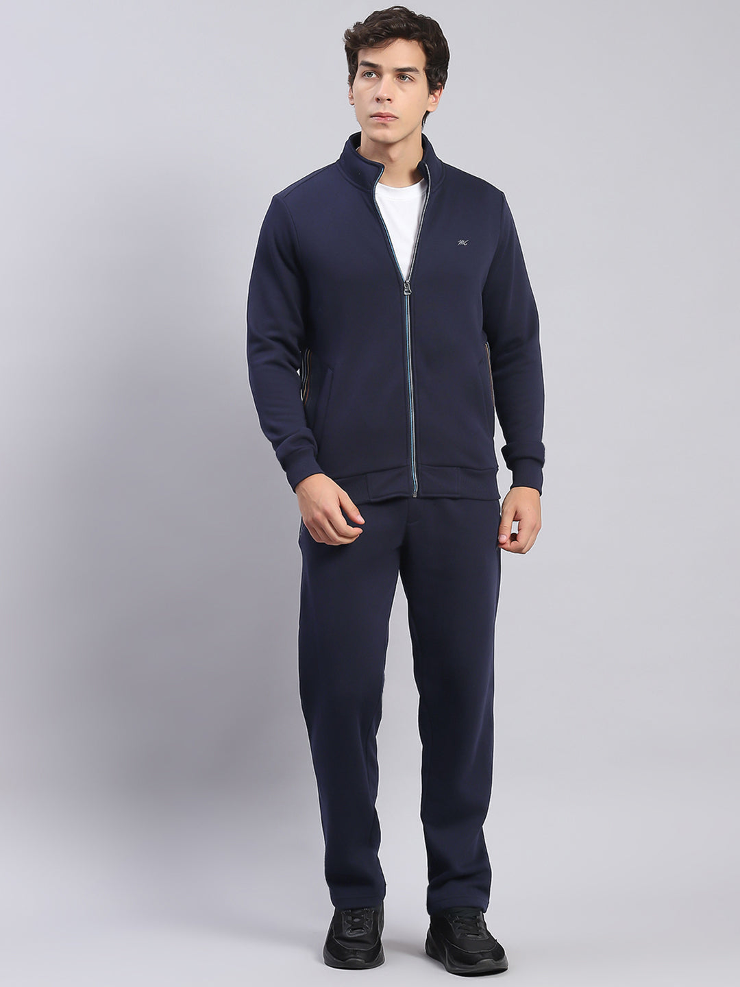 Men Navy Blue Solid Stand Collar Full Sleeve Tracksuits