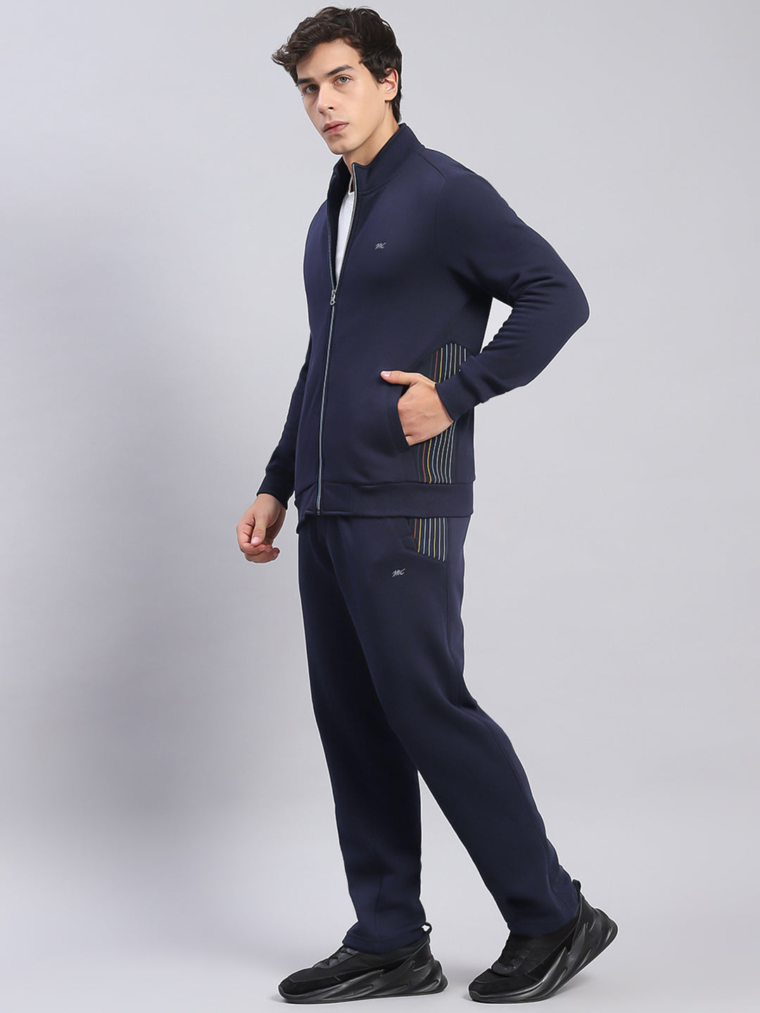 Men Navy Blue Solid Stand Collar Full Sleeve Tracksuits