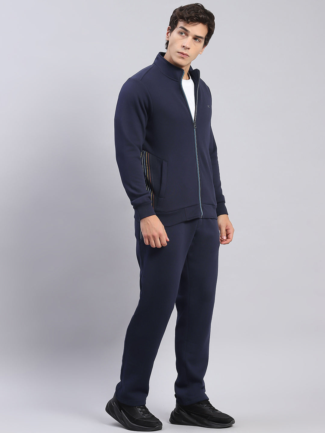 Men Navy Blue Solid Stand Collar Full Sleeve Tracksuits