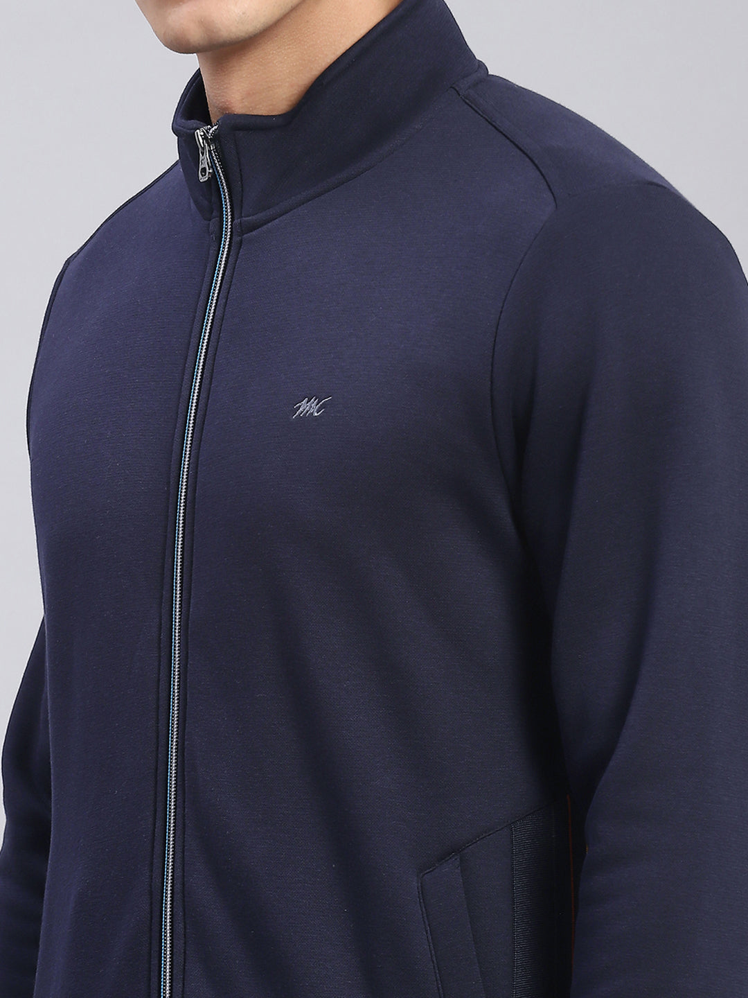 Men Navy Blue Solid Stand Collar Full Sleeve Tracksuits