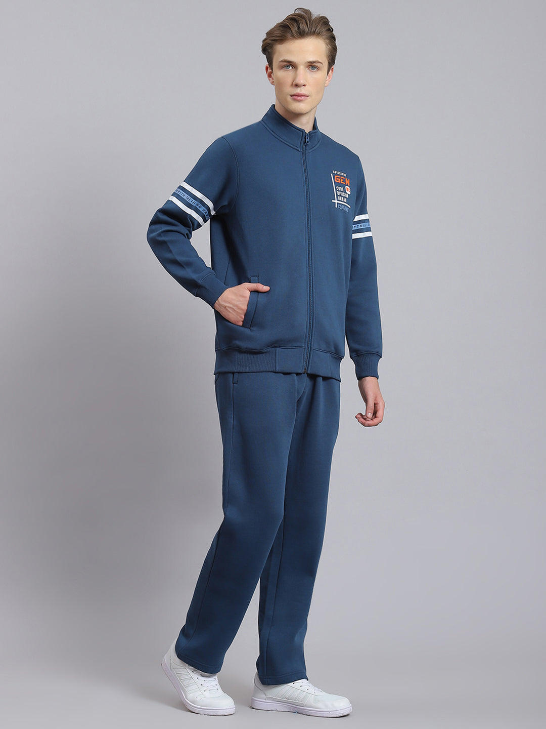 Men Teal Blue Solid Stand Collar Full Sleeve Tracksuit