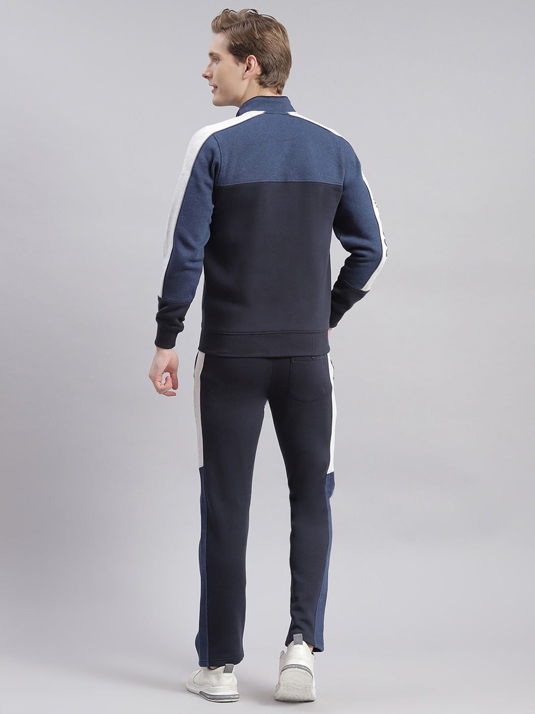Men Navy Blue Solid Stand Collar Full Sleeve Tracksuits