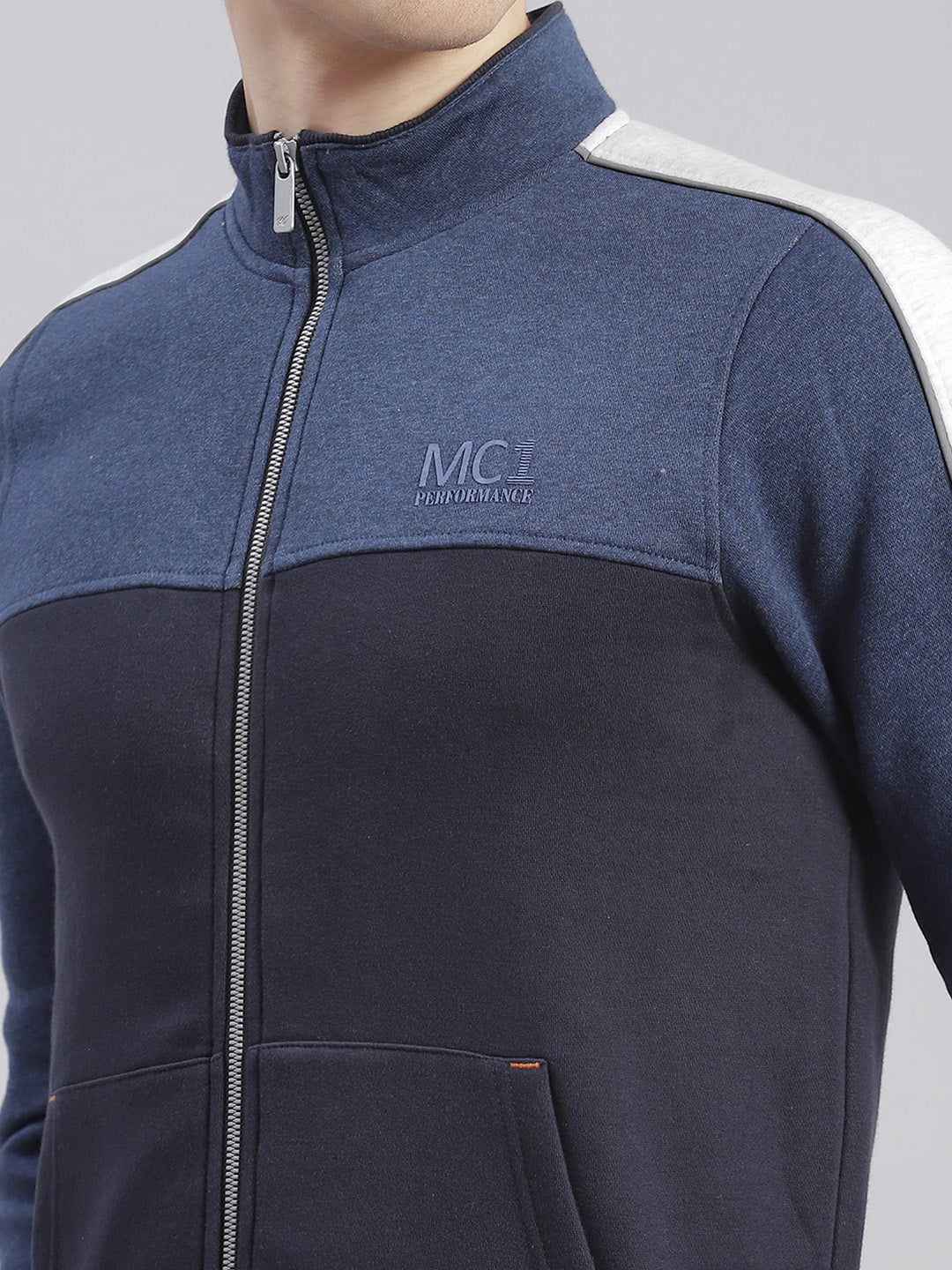 Men Navy Blue Solid Stand Collar Full Sleeve Tracksuits