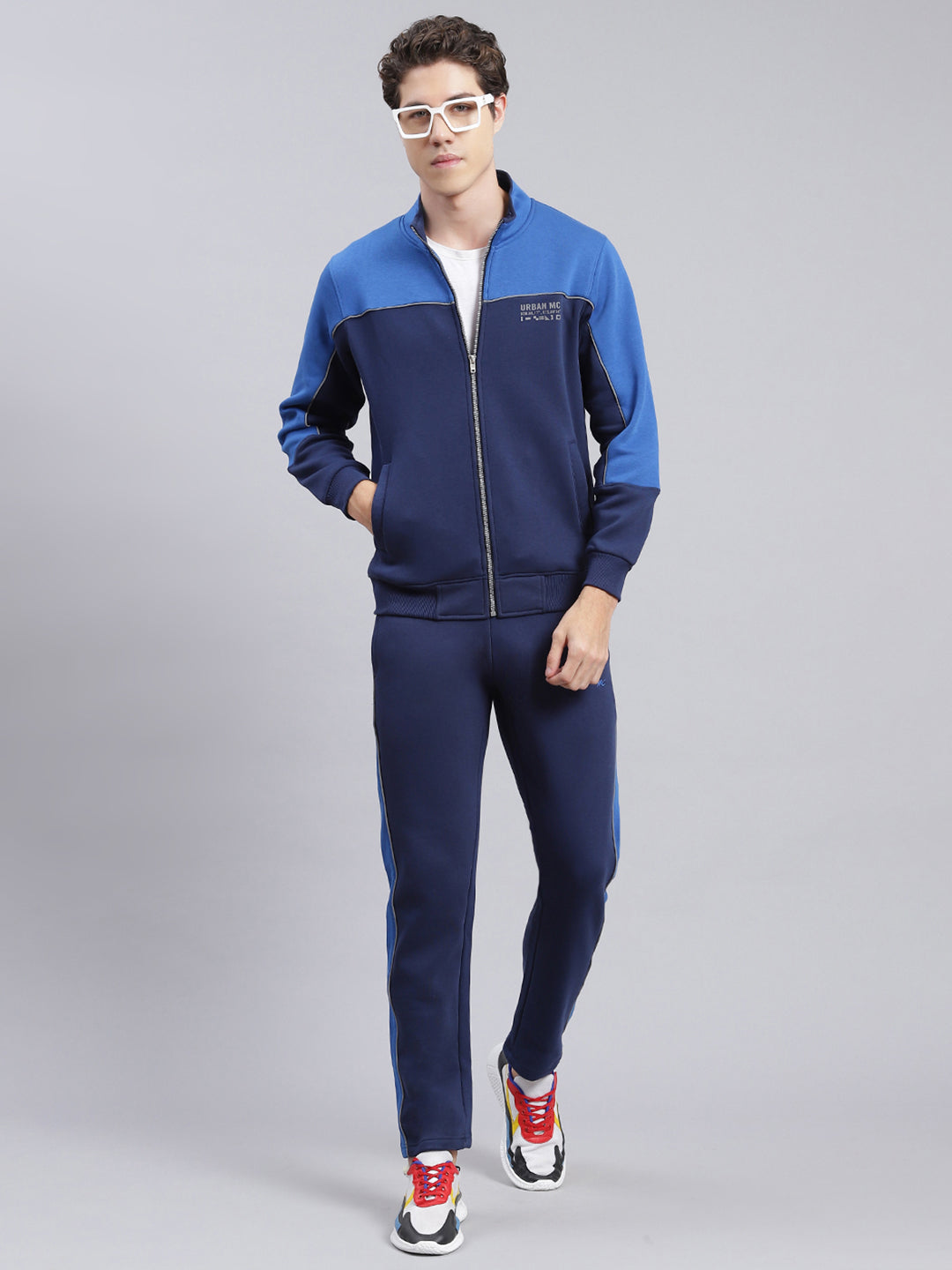 Men Navy Blue Solid Cotton Blend Track Suit