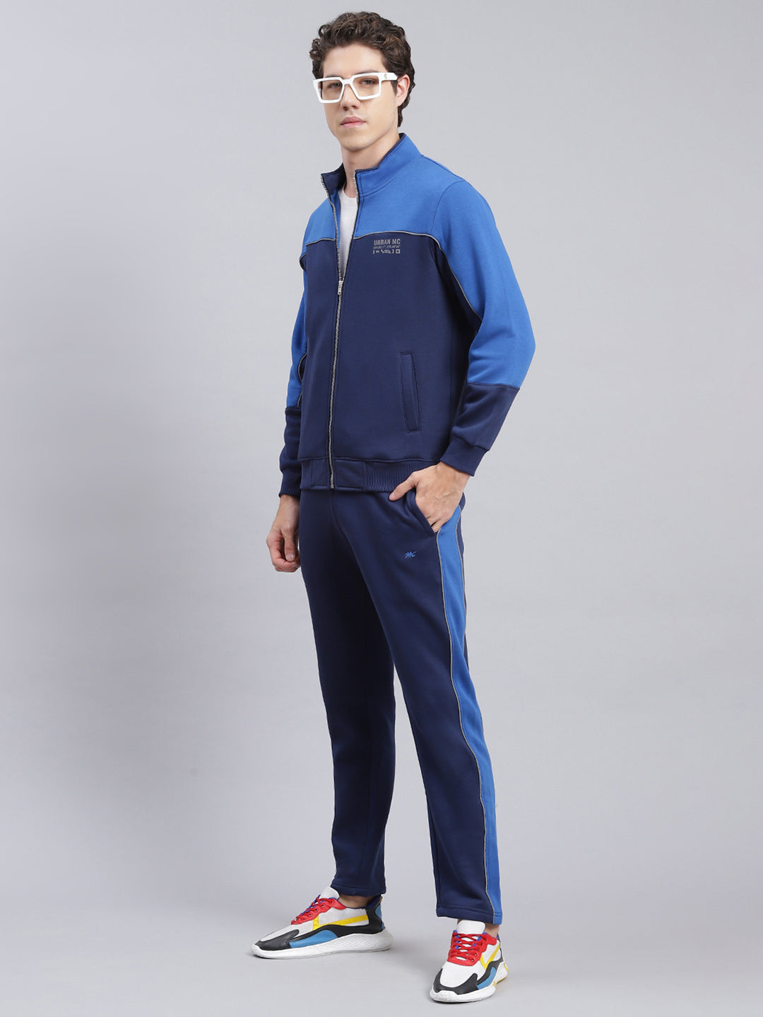 Men Navy Blue Solid Cotton Blend Track Suit