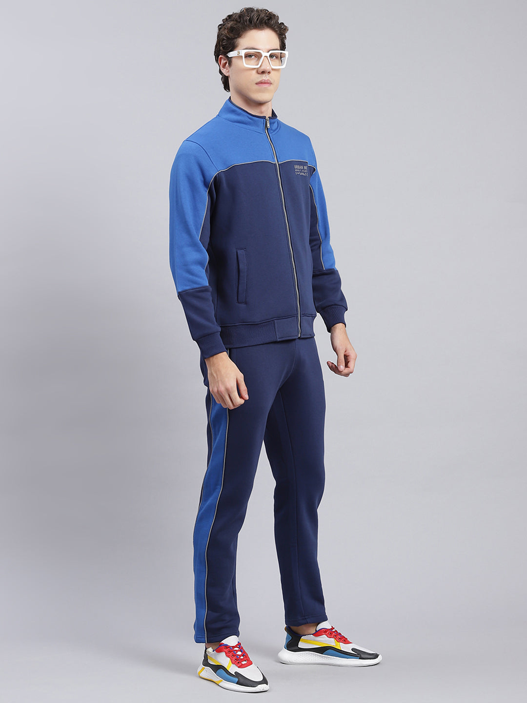 Men Navy Blue Solid Cotton Blend Track Suit