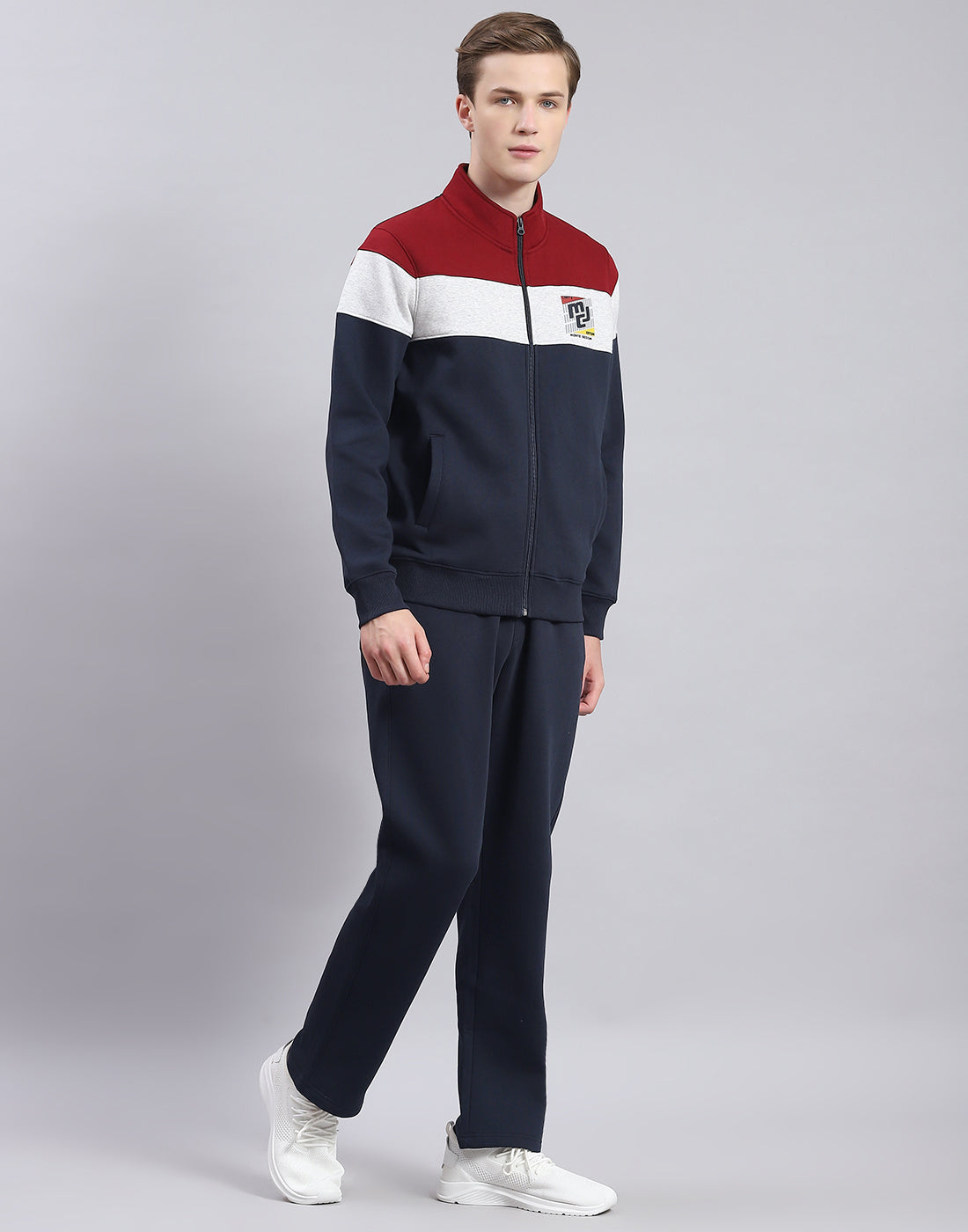 Men Navy Blue Solid Stand Collar Full Sleeve Tracksuit