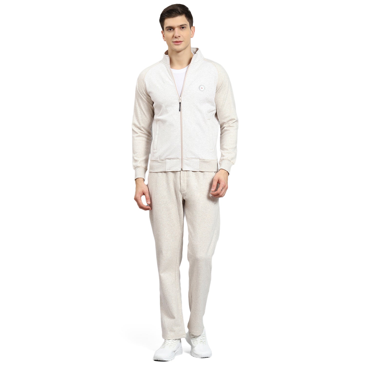 Men Off White Solid Stand Collar Full Sleeve Tracksuit
