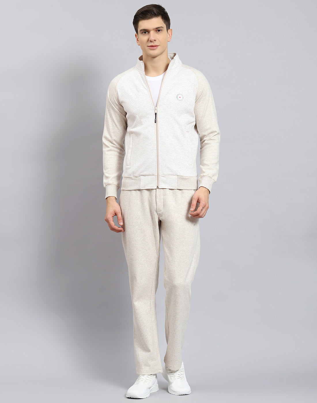 Men Off White Solid Stand Collar Full Sleeve Tracksuit