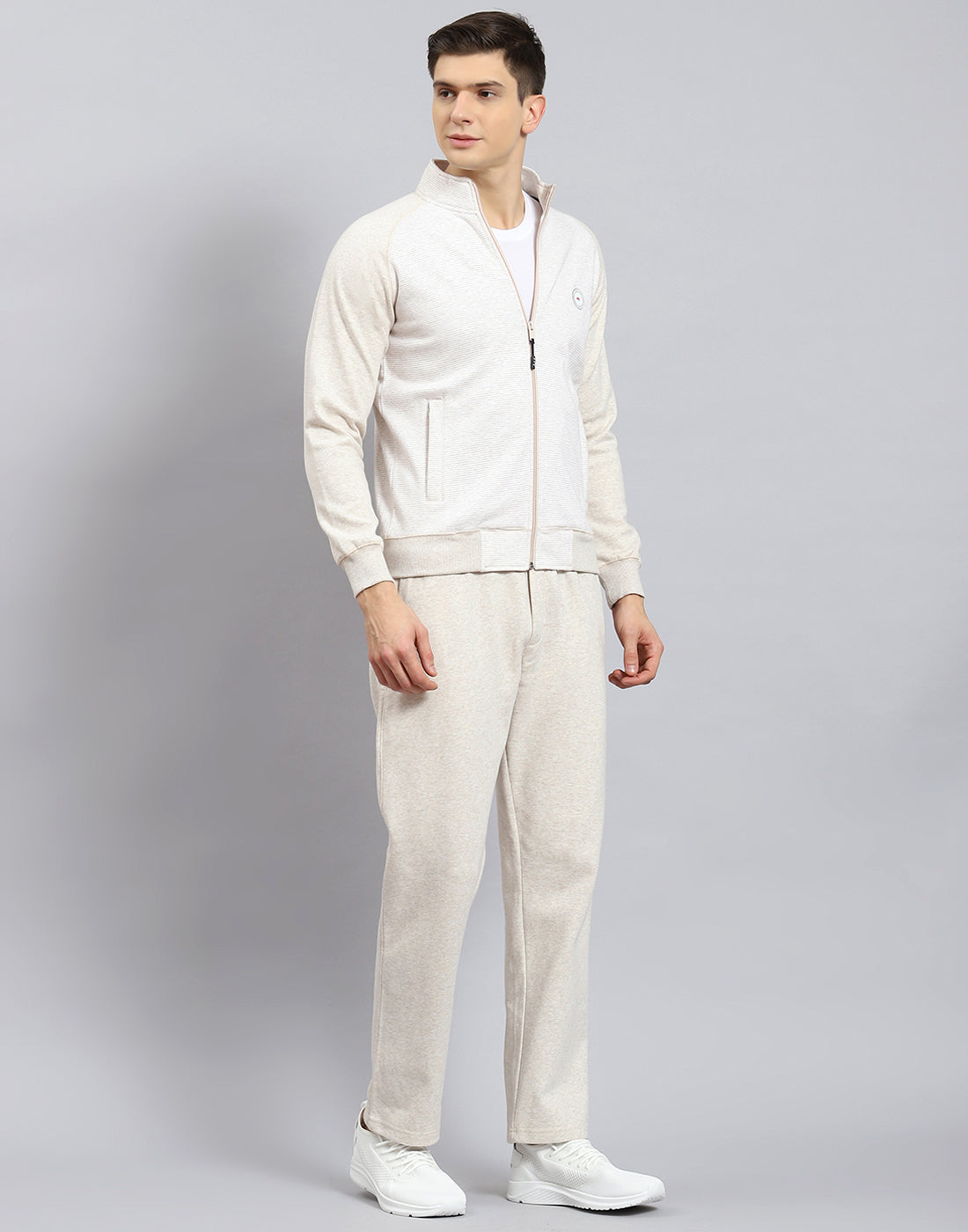 Men Off White Solid Stand Collar Full Sleeve Tracksuit