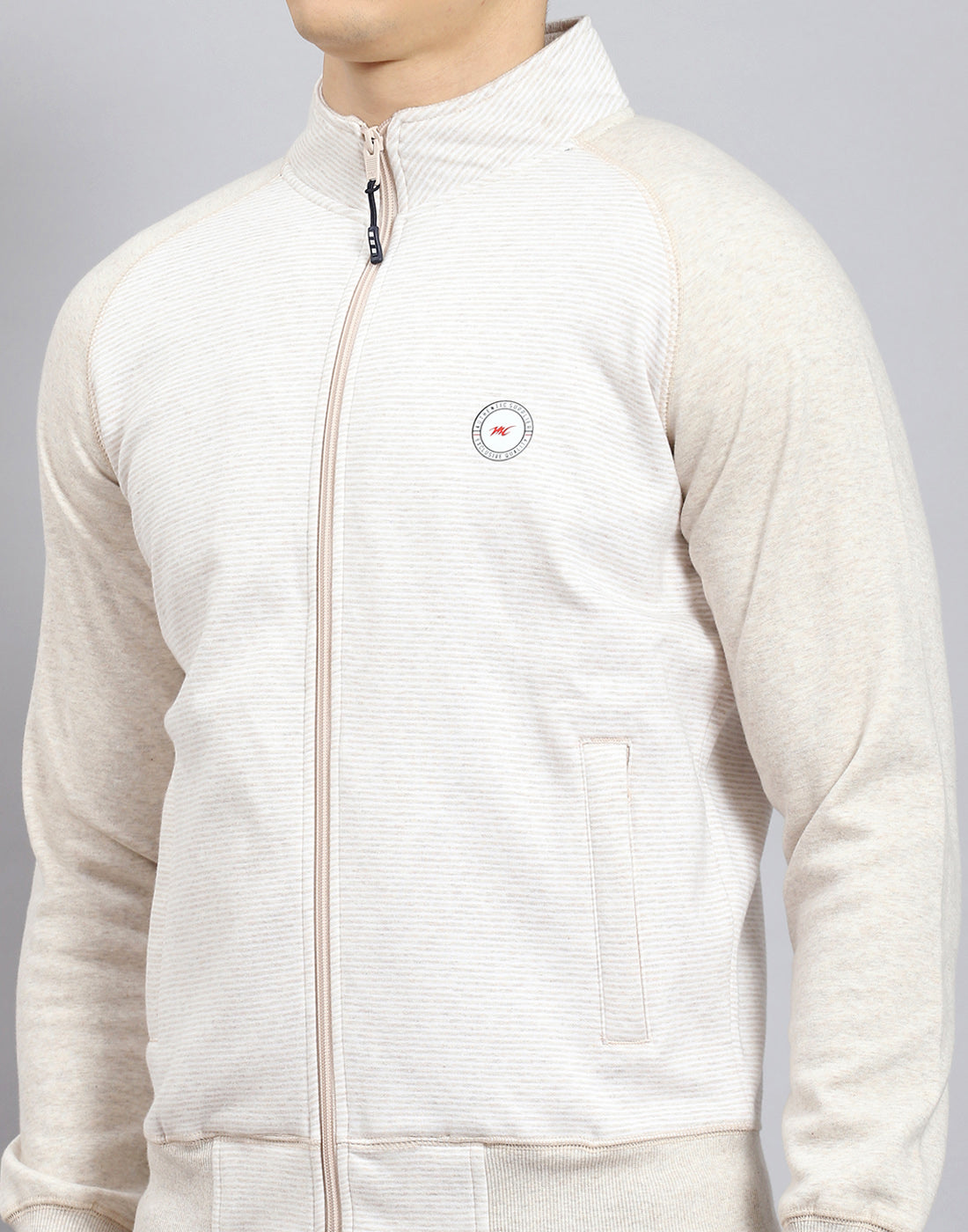 Men Off White Solid Stand Collar Full Sleeve Tracksuit