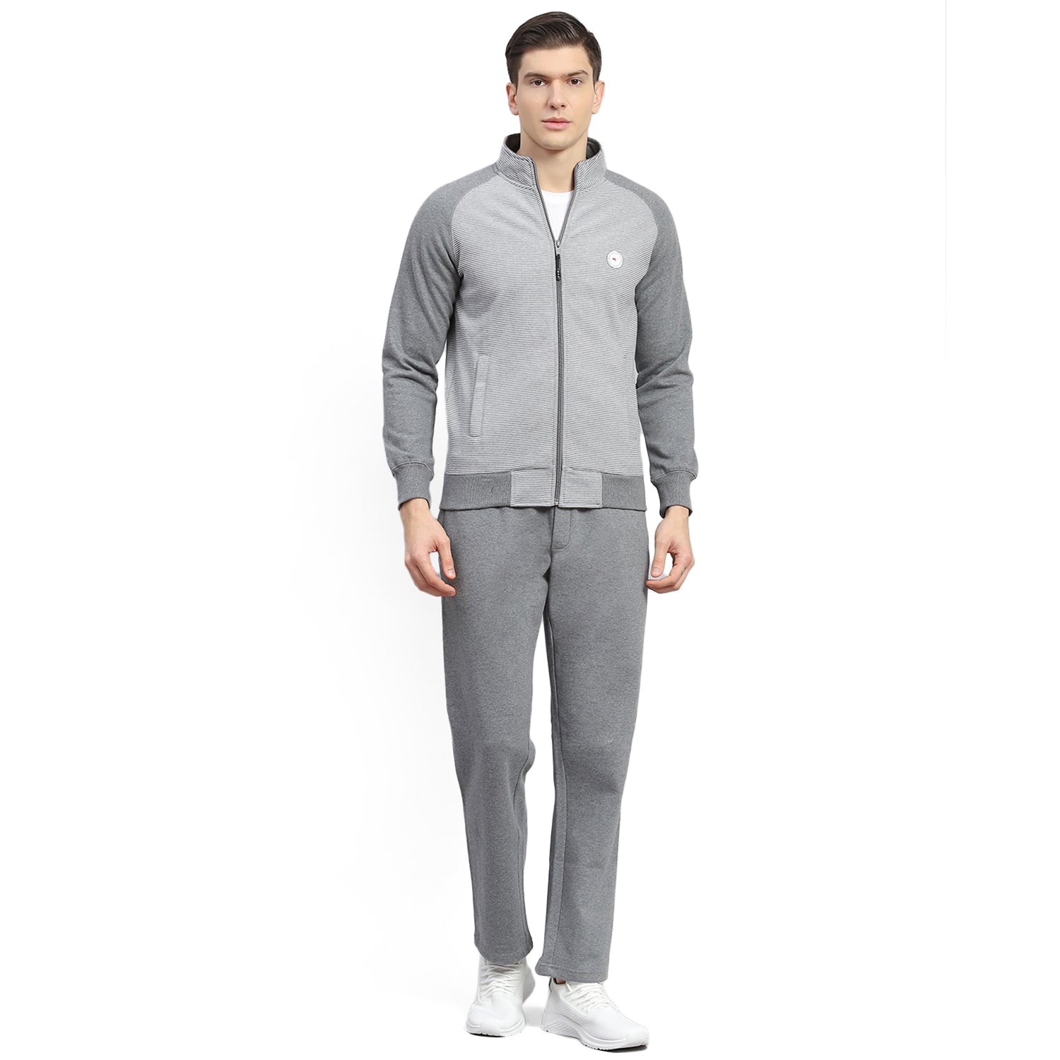 Men Grey Solid Stand Collar Full Sleeve Tracksuit