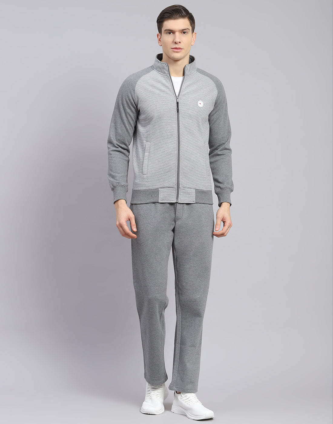Men Grey Solid Stand Collar Full Sleeve Tracksuit