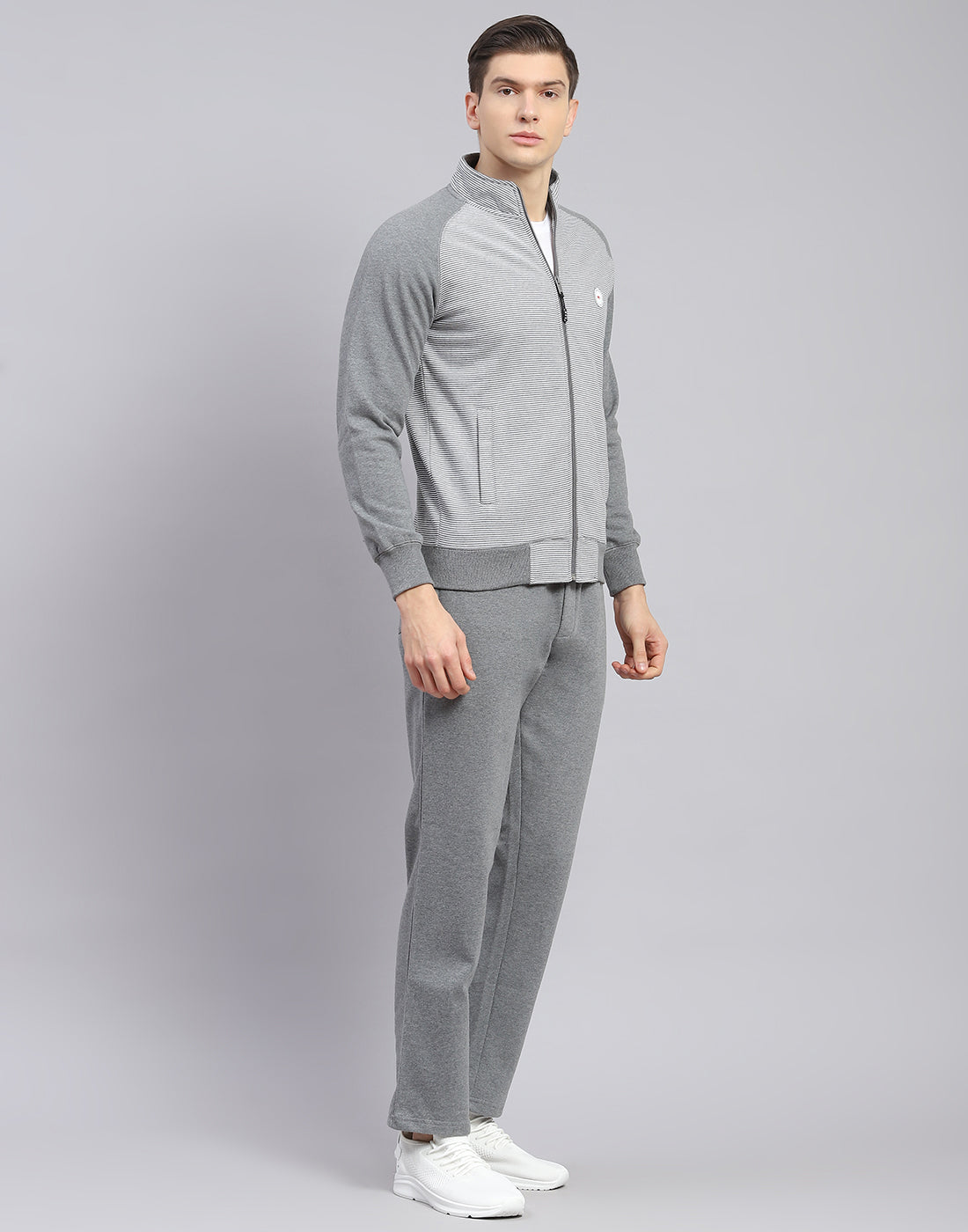 Men Grey Solid Stand Collar Full Sleeve Tracksuit