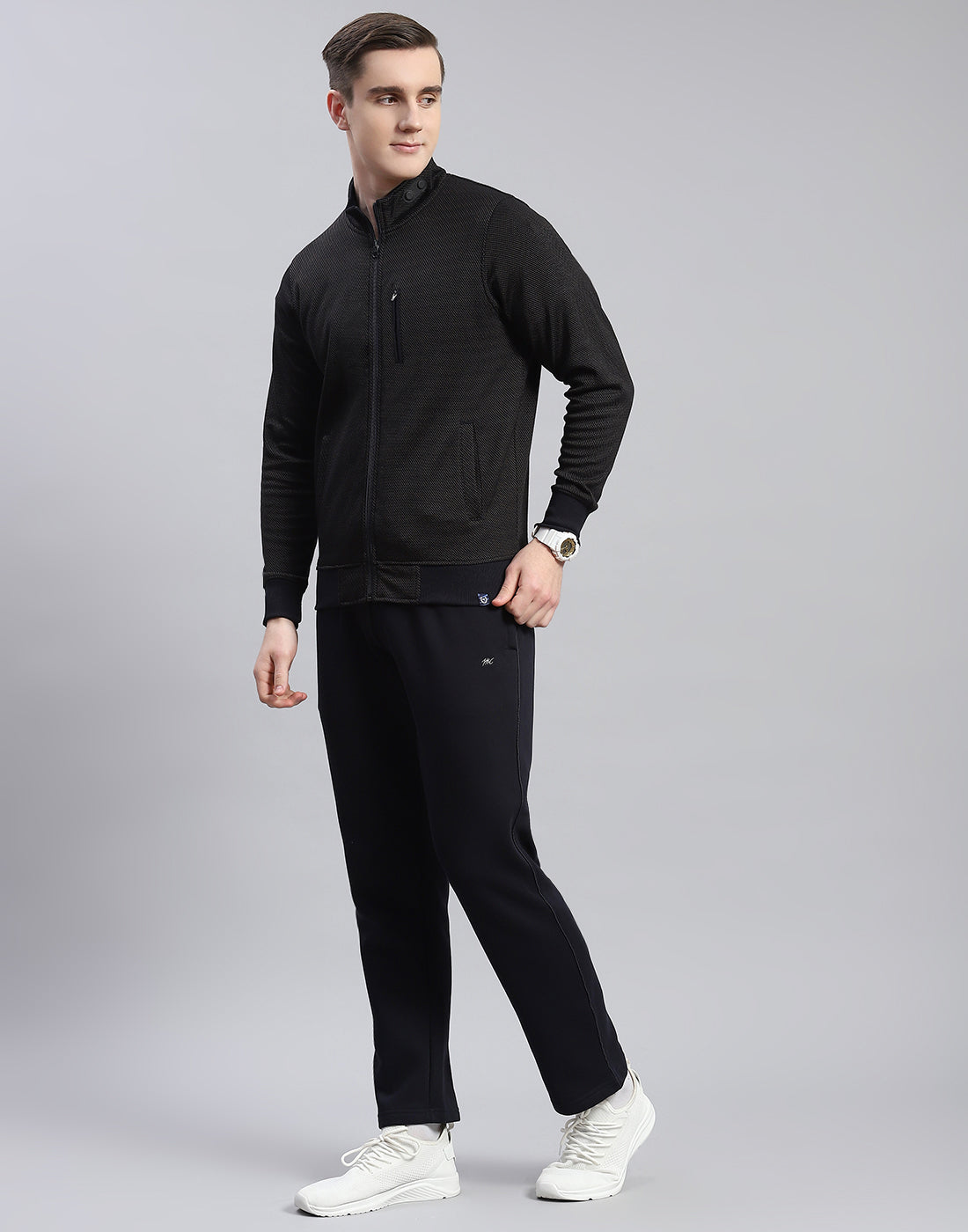 Men Navy Blue Solid Stand Collar Full Sleeve Tracksuit