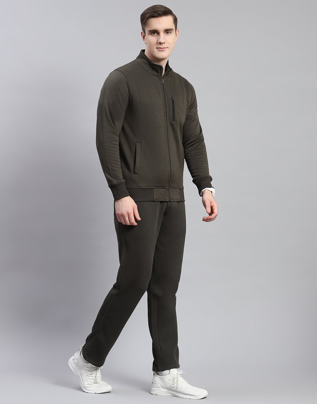 Men Olive Solid Stand Collar Full Sleeve Tracksuit