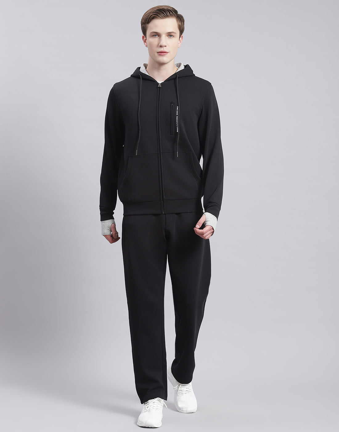 Men Black Solid Hooded Full Sleeve Tracksuit