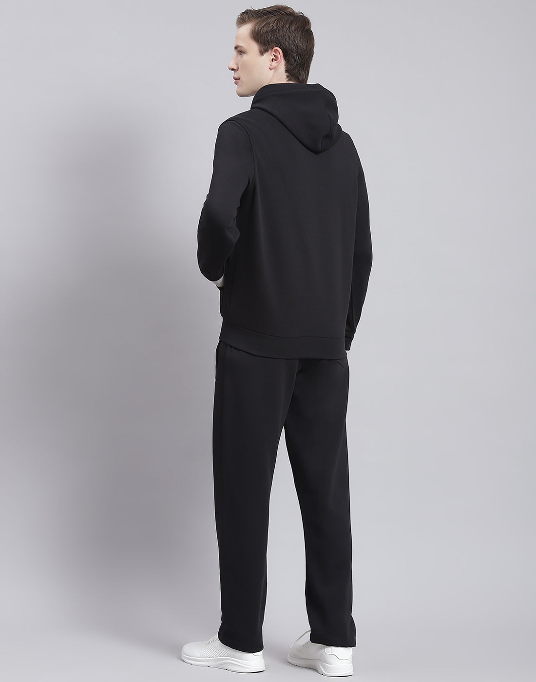 Men Black Solid Hooded Full Sleeve Tracksuit